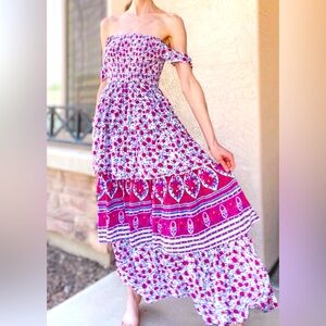 Anthropologie Able The Lable Tiered Maxi Dress Ruffle Fuschia Floral XS